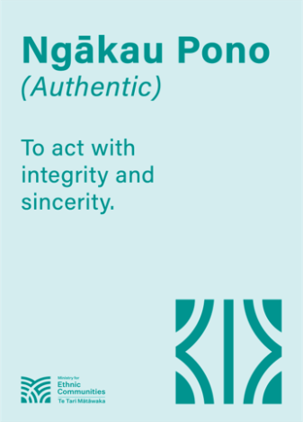 A4 image with a light teal background and dark teal text that reads: Ngakau Pono (authentic): To act with integrity and sincerity.