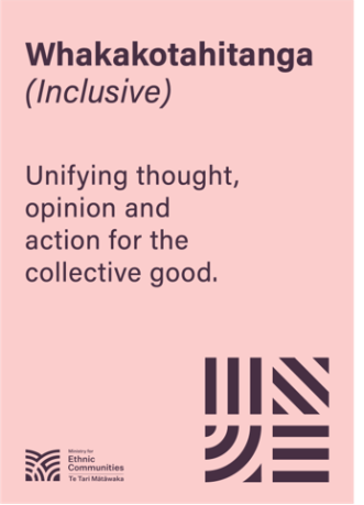 A4 image with a pink background and purple text that reads: Whakakotahitanga (inclusive): Unifying thought, opion and action for the collective good.