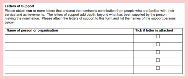 Screenshot of Honours Nomination form showing section on 'letters of support' with the vaious details which need to be filled in