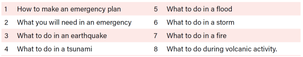 Table: 1. How to make an emergency plan. 2. What you will need in an emergency. 3. What to do in an earthquake. 4. What to do in a tsunami. 5. What to do in a flood. 6. What to do in a storm. 7. What to do in a fire. 8. What to do during volcanic activity.