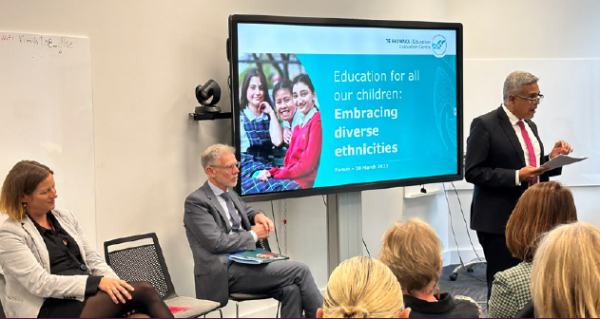 From right to left: Mervin Singham, the Chief Executive of the Ministry for Ethnic Communities speaking at the ERO report’s launch, Nicholas Pole, Chief Executive/Chief Review Officer of ERO and Ruth Shinoda, Deputy Chief Executive: Head of Te Ihuwaka | Education Evaluation Centre